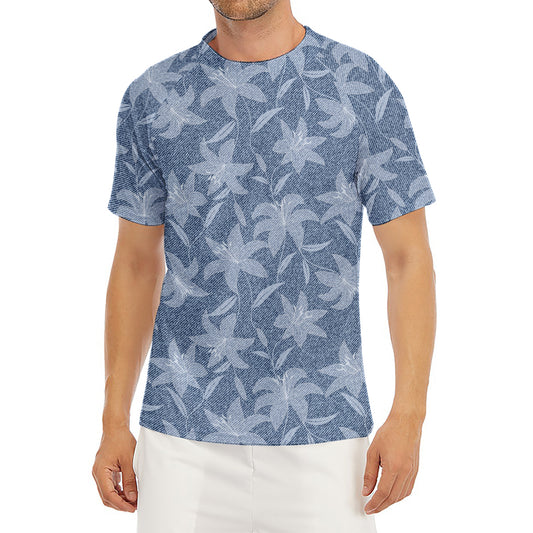 Floral Denim Jeans Pattern Print Men's Short Sleeve Rash Guard