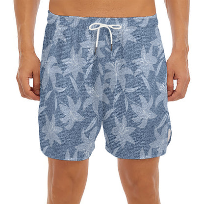 Floral Denim Jeans Pattern Print Men's Split Running Shorts