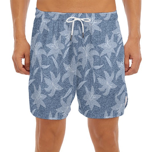 Floral Denim Jeans Pattern Print Men's Split Running Shorts