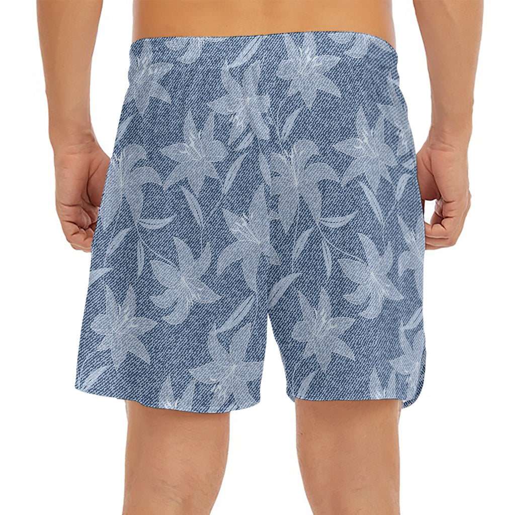 Floral Denim Jeans Pattern Print Men's Split Running Shorts