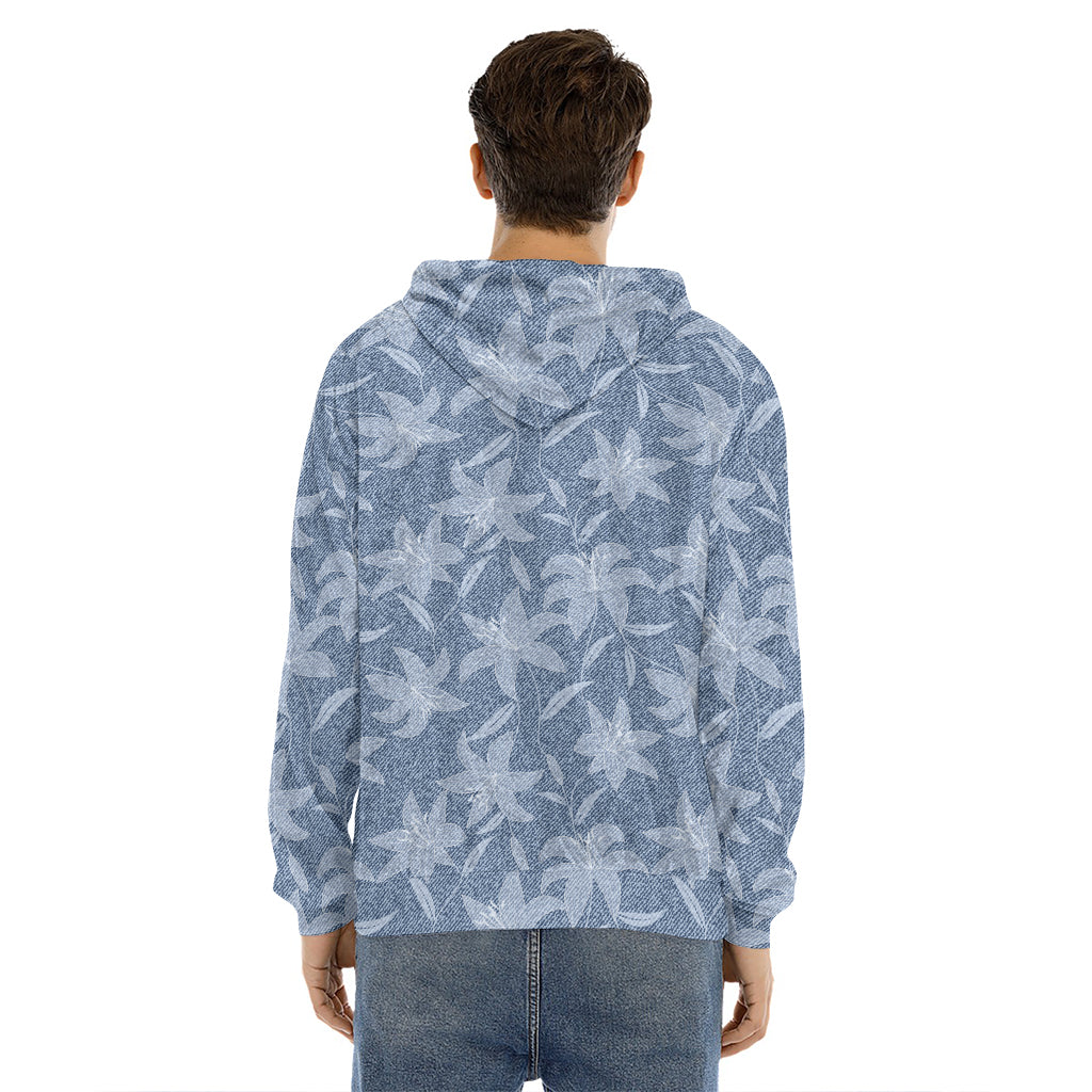 Floral Denim Jeans Pattern Print Men's Velvet Pullover Hoodie