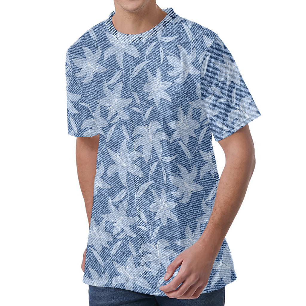 Floral Denim Jeans Pattern Print Men's Velvet T-Shirt