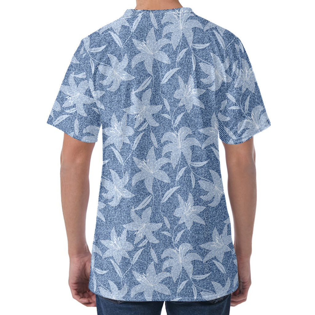 Floral Denim Jeans Pattern Print Men's Velvet T-Shirt