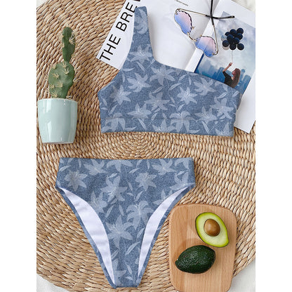 Floral Denim Jeans Pattern Print One Shoulder Bikini Top