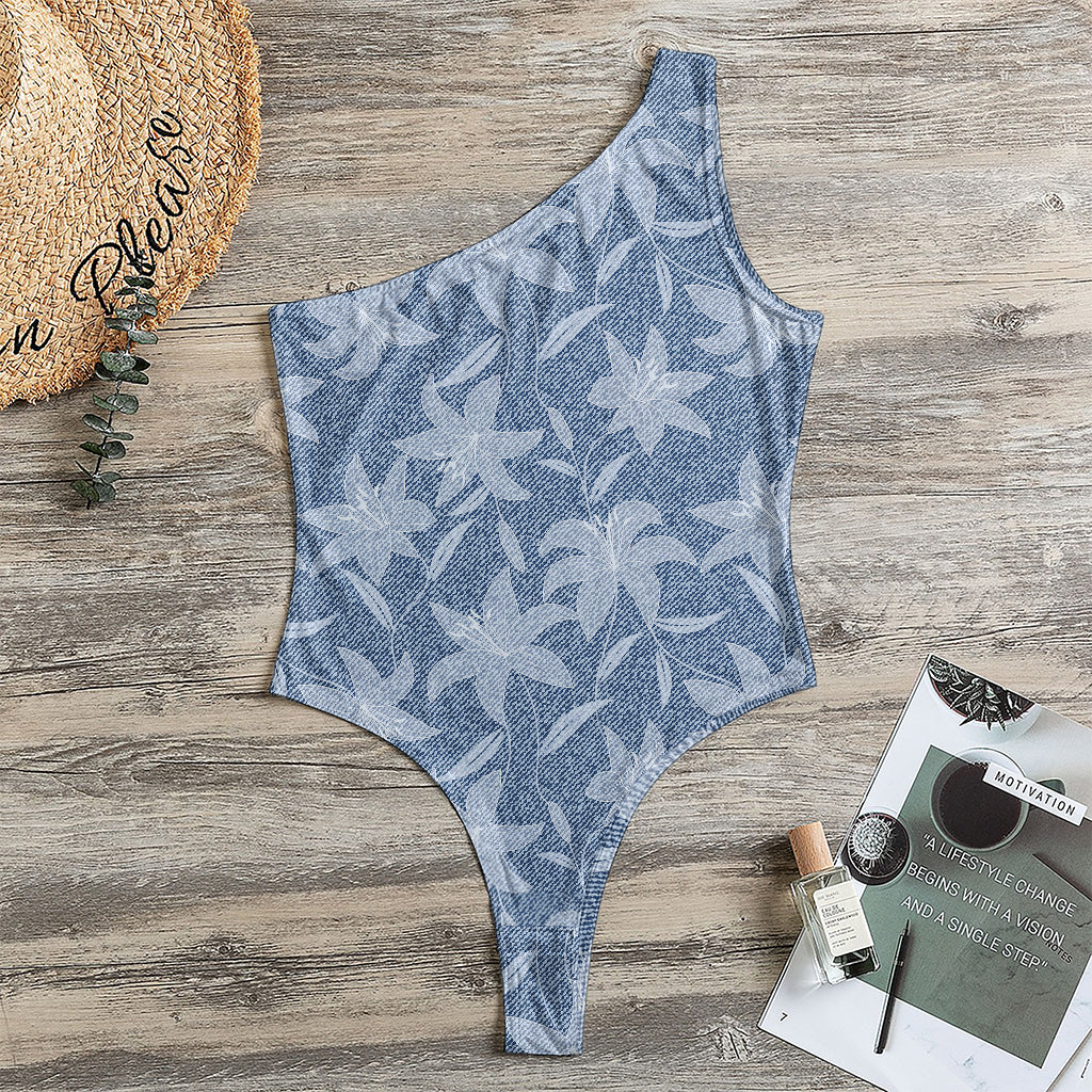 Floral Denim Jeans Pattern Print One Shoulder Bodysuit