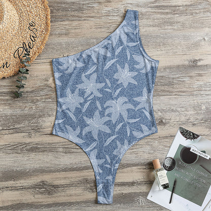 Floral Denim Jeans Pattern Print One Shoulder Bodysuit
