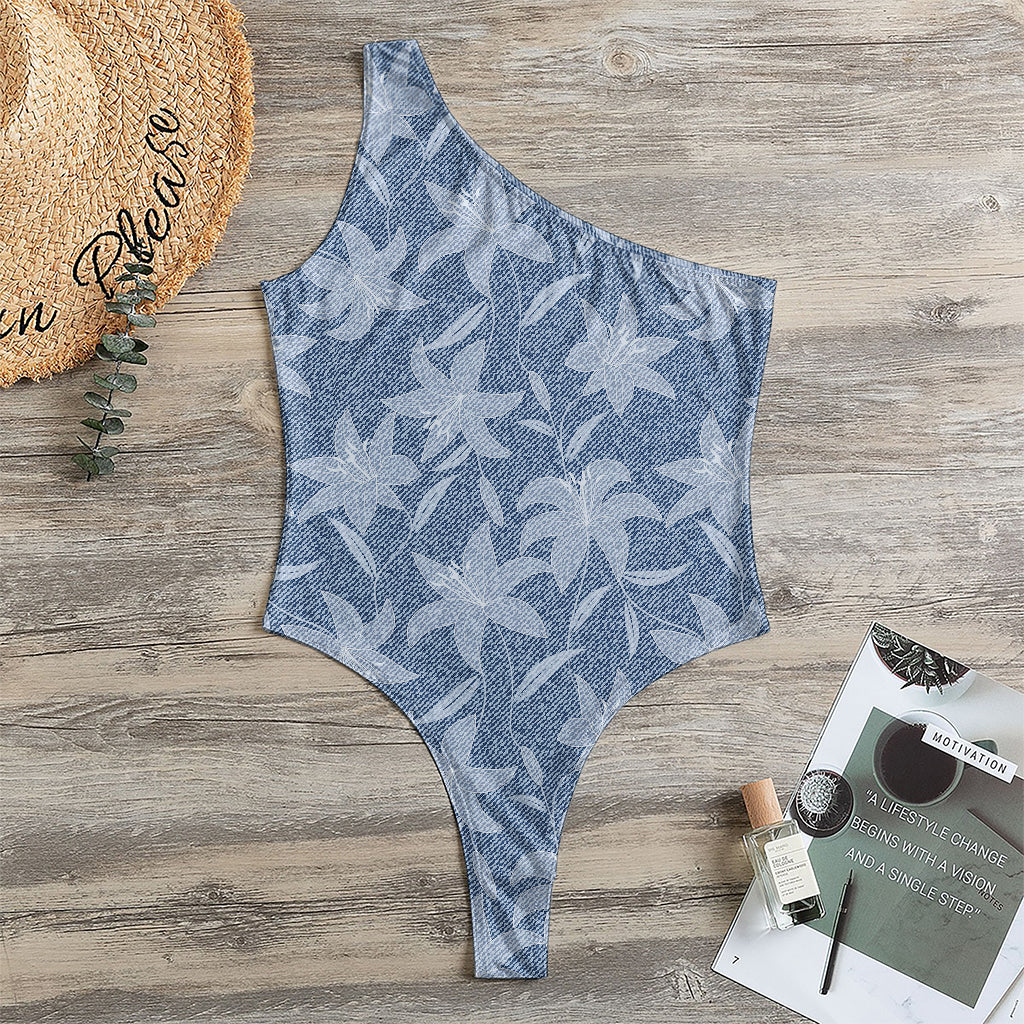 Floral Denim Jeans Pattern Print One Shoulder Bodysuit