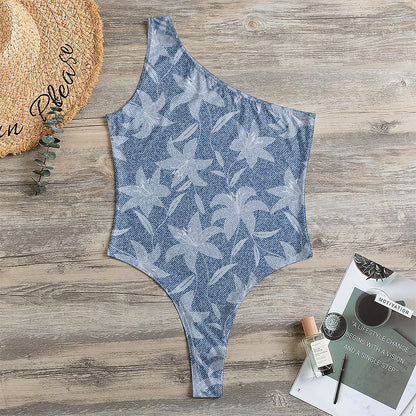 Floral Denim Jeans Pattern Print One Shoulder Bodysuit