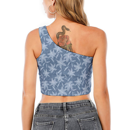 Floral Denim Jeans Pattern Print One Shoulder Crop Top