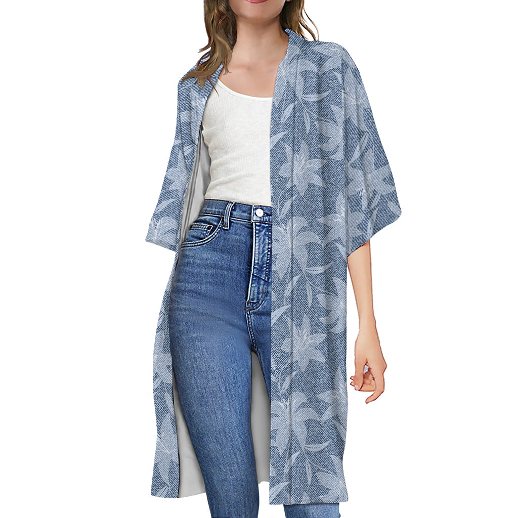 Floral Denim Jeans Pattern Print Open Front Beach Cover Up
