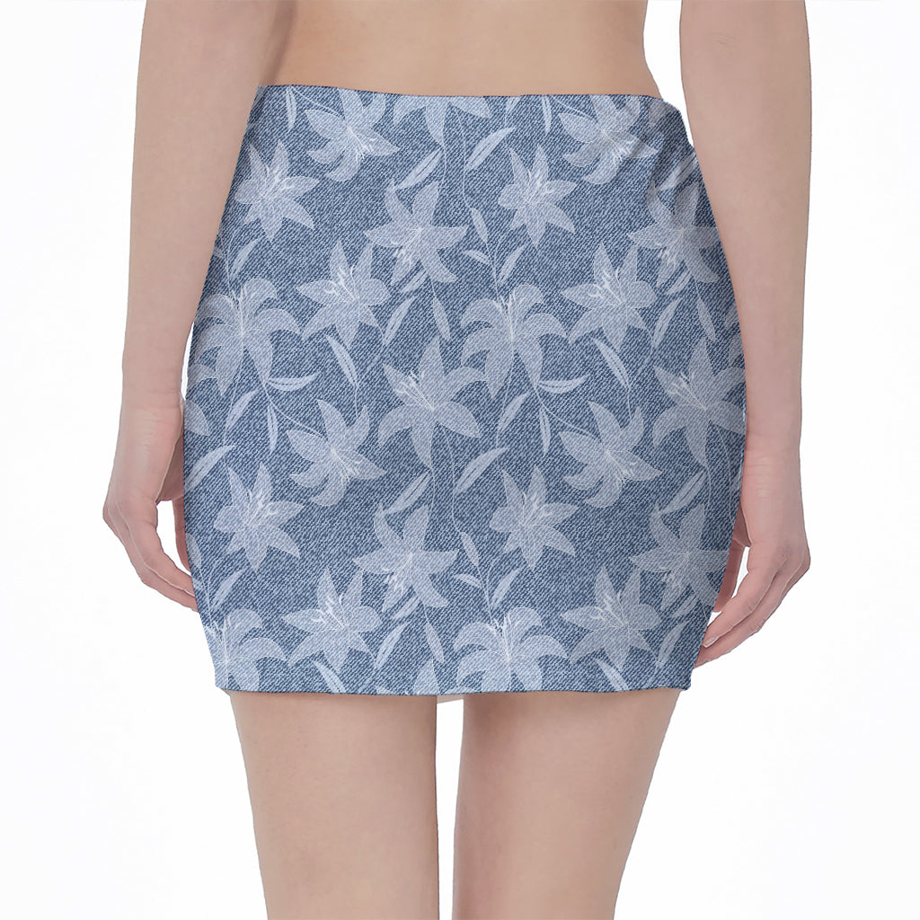 Floral Denim Jeans Pattern Print Pencil Mini Skirt