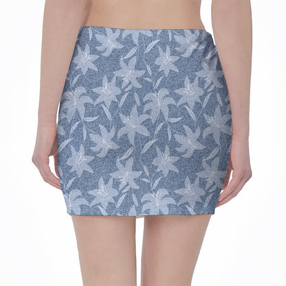 Floral Denim Jeans Pattern Print Pencil Mini Skirt