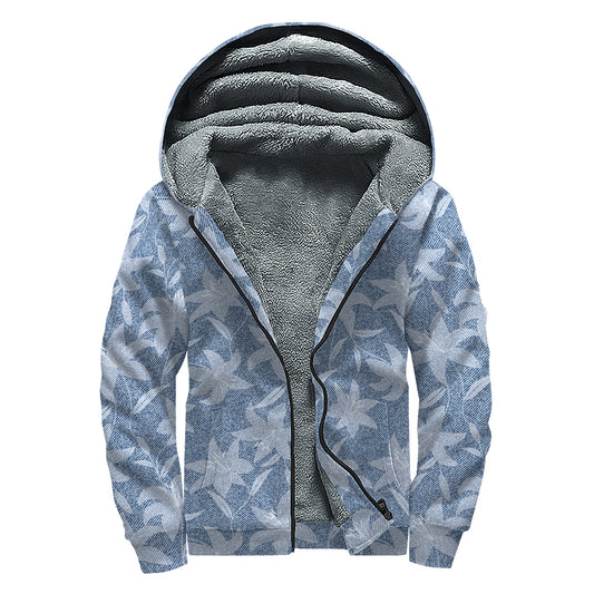 Floral Denim Jeans Pattern Print Sherpa Lined Zip Up Hoodie