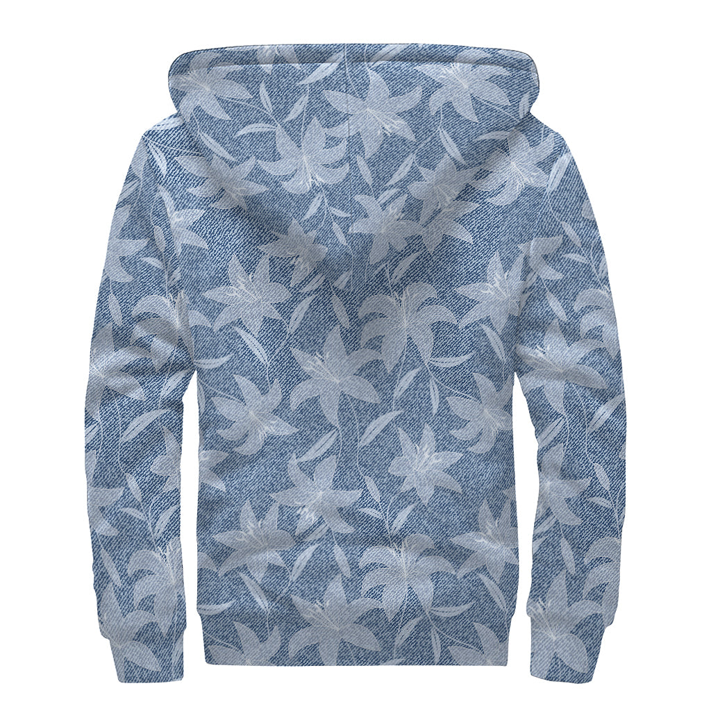 Floral Denim Jeans Pattern Print Sherpa Lined Zip Up Hoodie