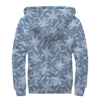 Floral Denim Jeans Pattern Print Sherpa Lined Zip Up Hoodie