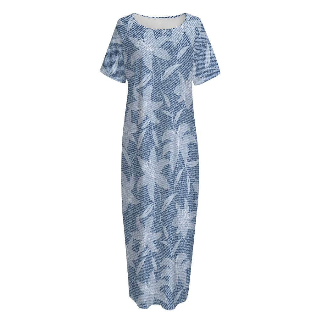 Floral Denim Jeans Pattern Print Short Sleeve Long Nightdress