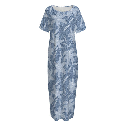 Floral Denim Jeans Pattern Print Short Sleeve Long Nightdress