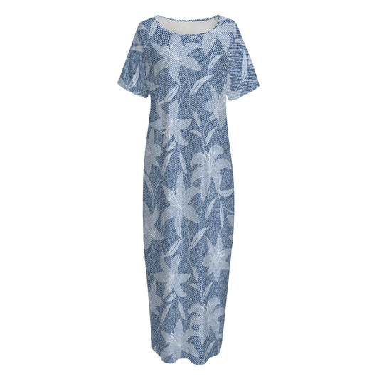 Floral Denim Jeans Pattern Print Short Sleeve Long Nightdress