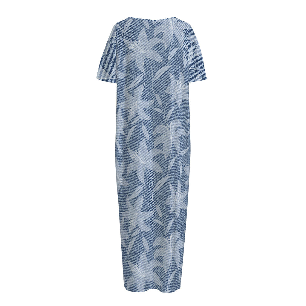 Floral Denim Jeans Pattern Print Short Sleeve Long Nightdress