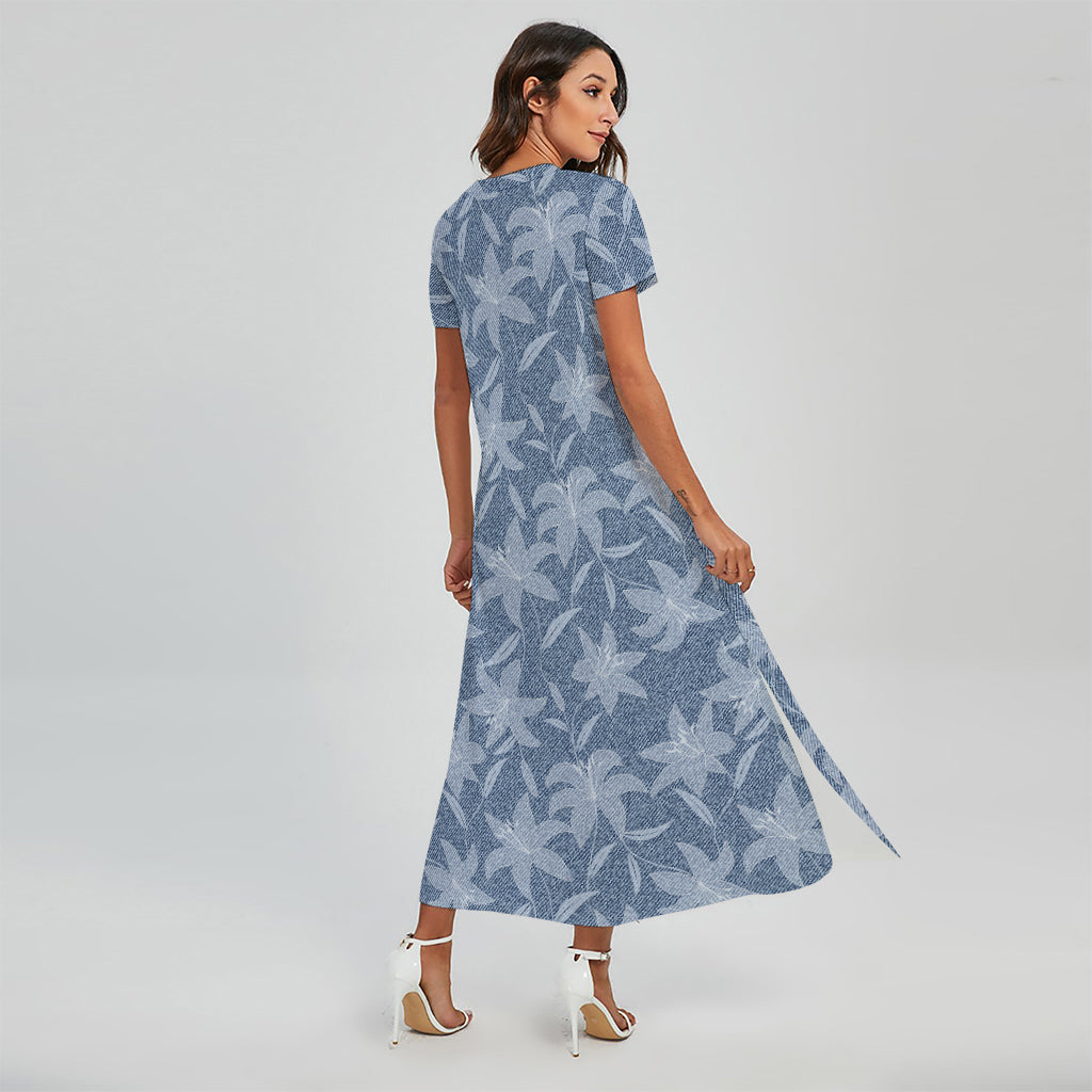 Floral Denim Jeans Pattern Print Short Sleeve Maxi Dress