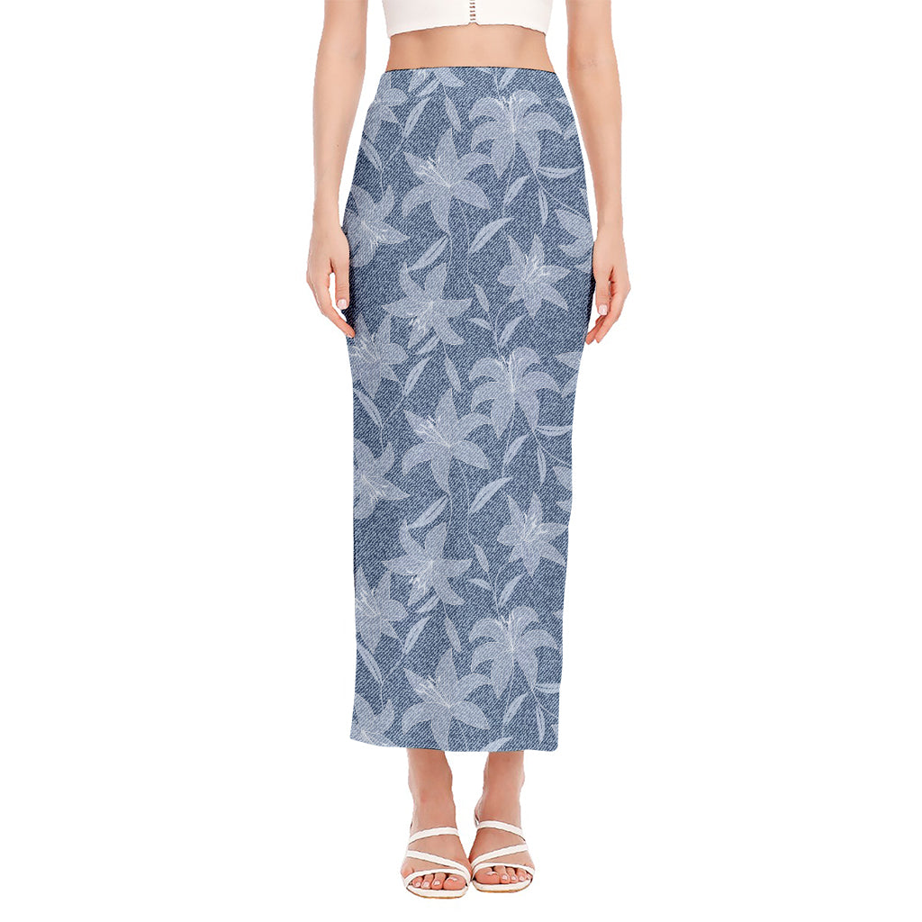 Floral Denim Jeans Pattern Print Side Slit Maxi Skirt