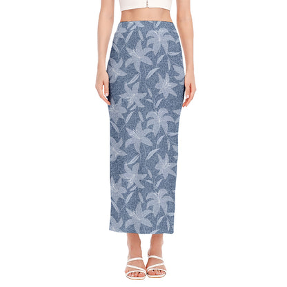 Floral Denim Jeans Pattern Print Side Slit Maxi Skirt