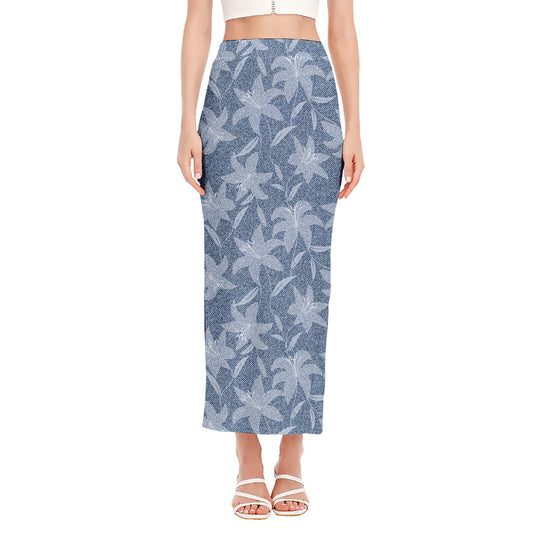 Floral Denim Jeans Pattern Print Side Slit Maxi Skirt