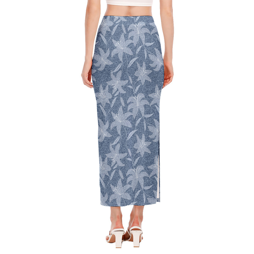 Floral Denim Jeans Pattern Print Side Slit Maxi Skirt