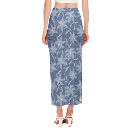 Floral Denim Jeans Pattern Print Side Slit Maxi Skirt