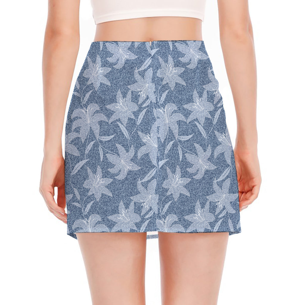 Floral Denim Jeans Pattern Print Side Slit Mini Skirt