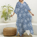 Floral Denim Jeans Pattern Print Silk V-Neck Kaftan Dress