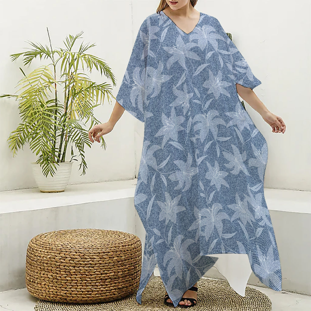 Floral Denim Jeans Pattern Print Silk V-Neck Kaftan Dress