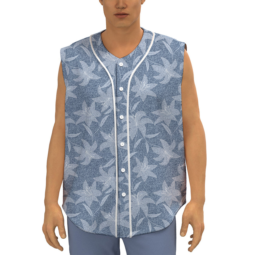Floral Denim Jeans Pattern Print Sleeveless Baseball Jersey