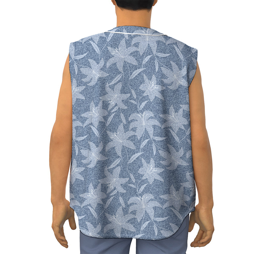Floral Denim Jeans Pattern Print Sleeveless Baseball Jersey