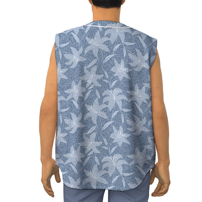 Floral Denim Jeans Pattern Print Sleeveless Baseball Jersey