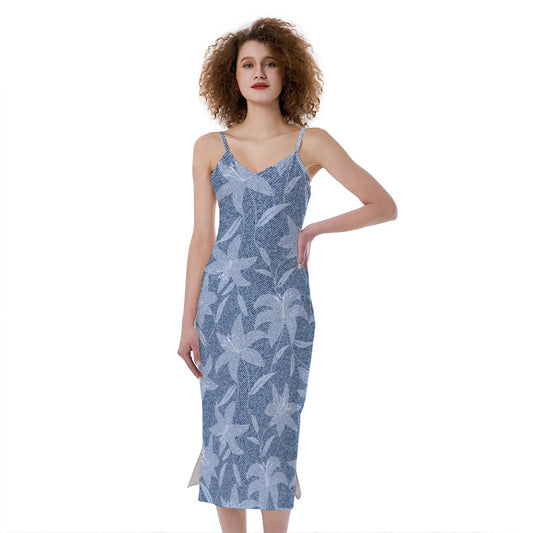 Floral Denim Jeans Pattern Print Slim Fit Midi Cami Dress