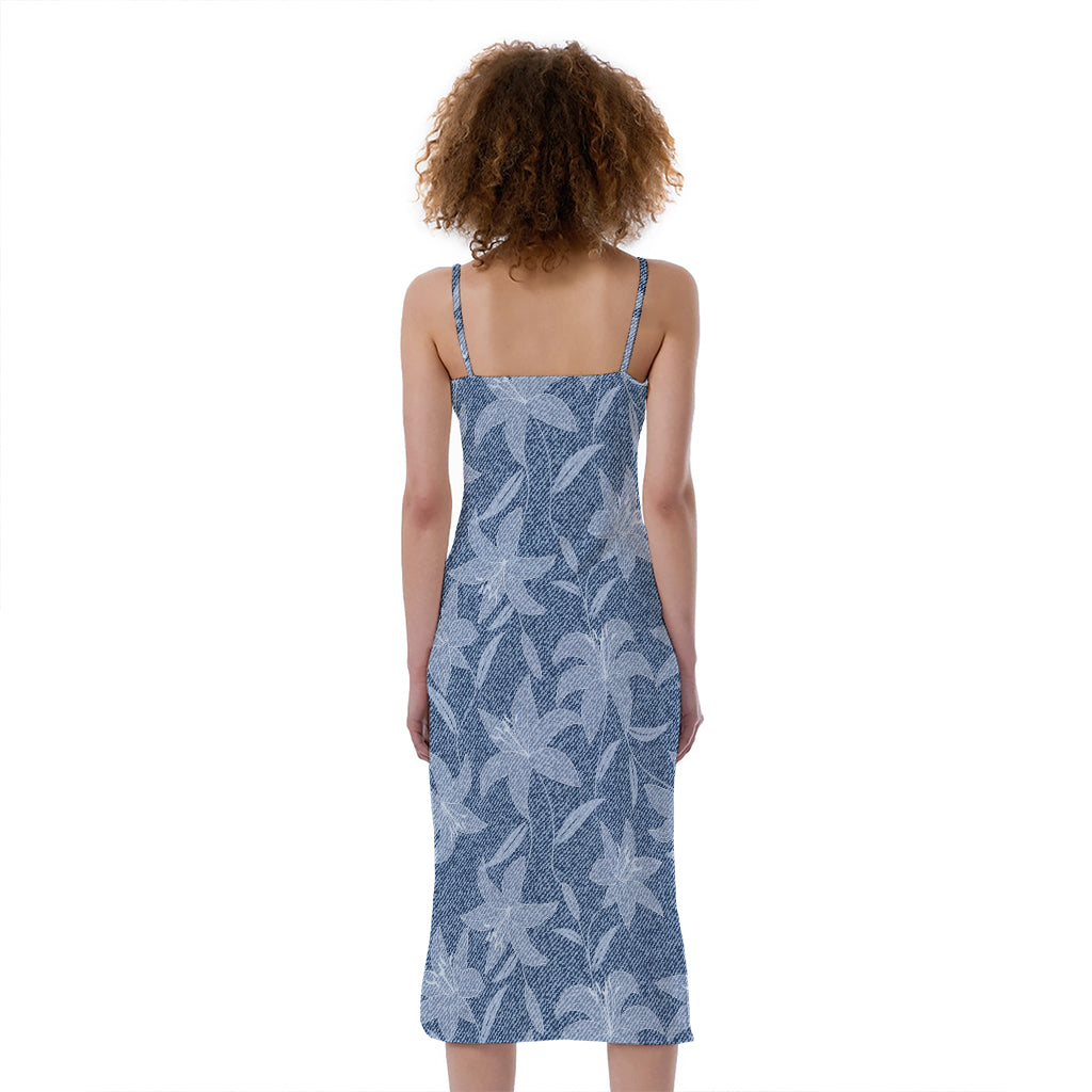 Floral Denim Jeans Pattern Print Slim Fit Midi Cami Dress