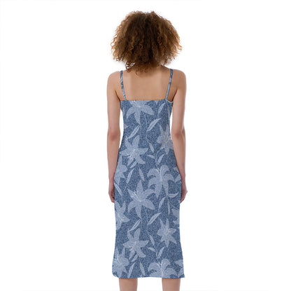 Floral Denim Jeans Pattern Print Slim Fit Midi Cami Dress