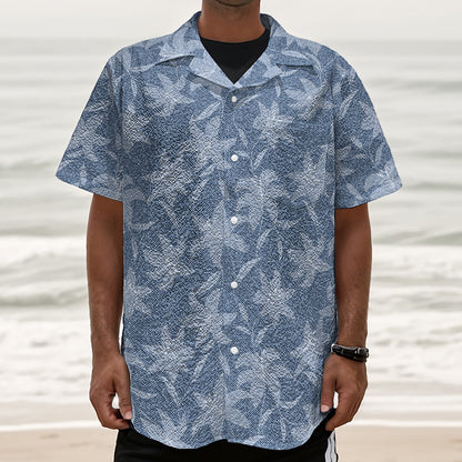 Floral Denim Jeans Pattern Print Textured Short Sleeve Shirt