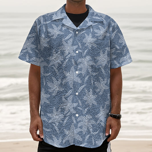 Floral Denim Jeans Pattern Print Textured Short Sleeve Shirt