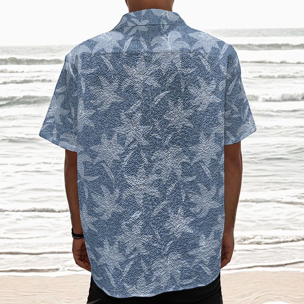 Floral Denim Jeans Pattern Print Textured Short Sleeve Shirt