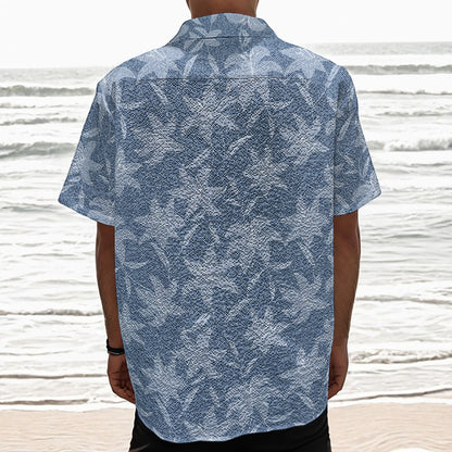 Floral Denim Jeans Pattern Print Textured Short Sleeve Shirt