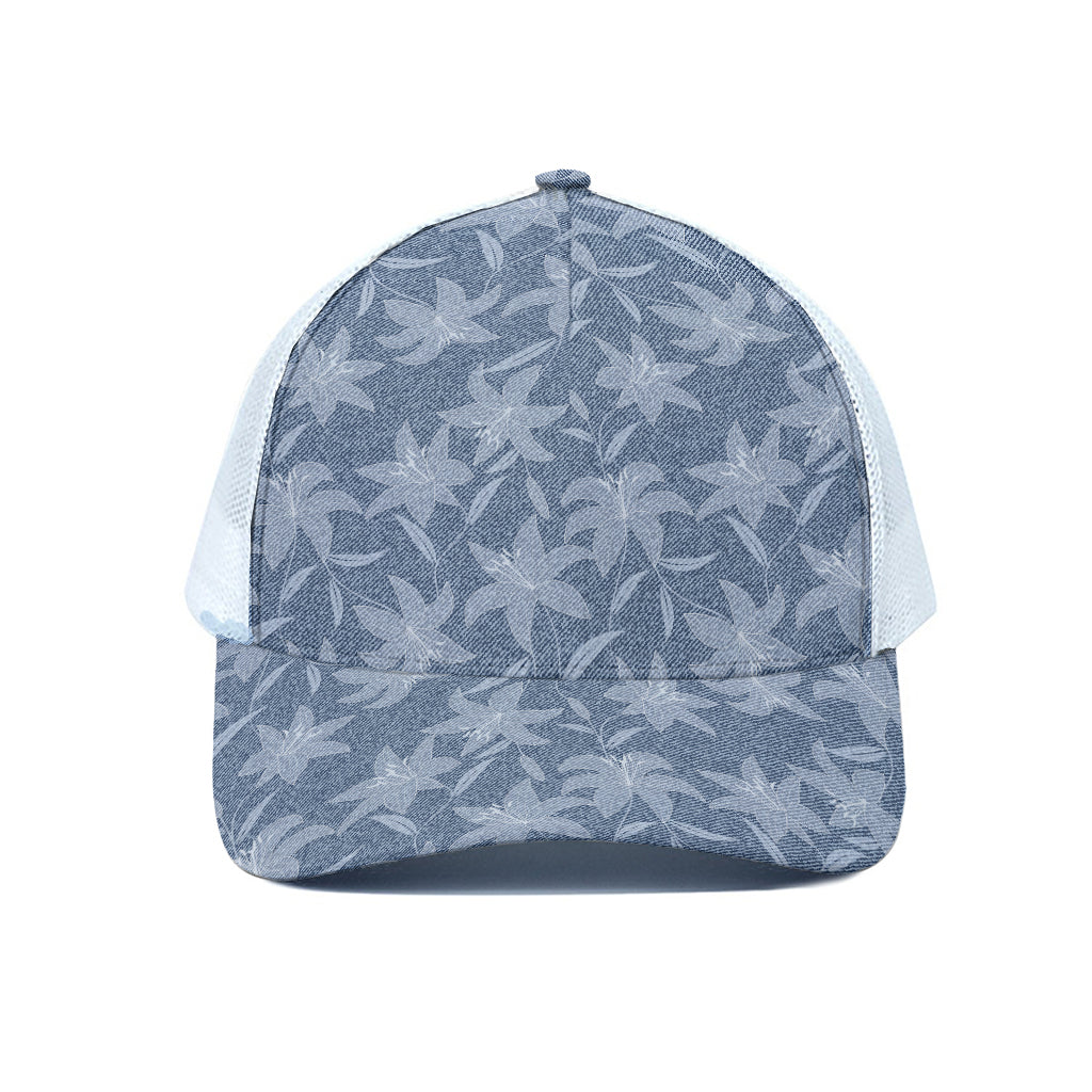 Floral Denim Jeans Pattern Print White Mesh Trucker Cap
