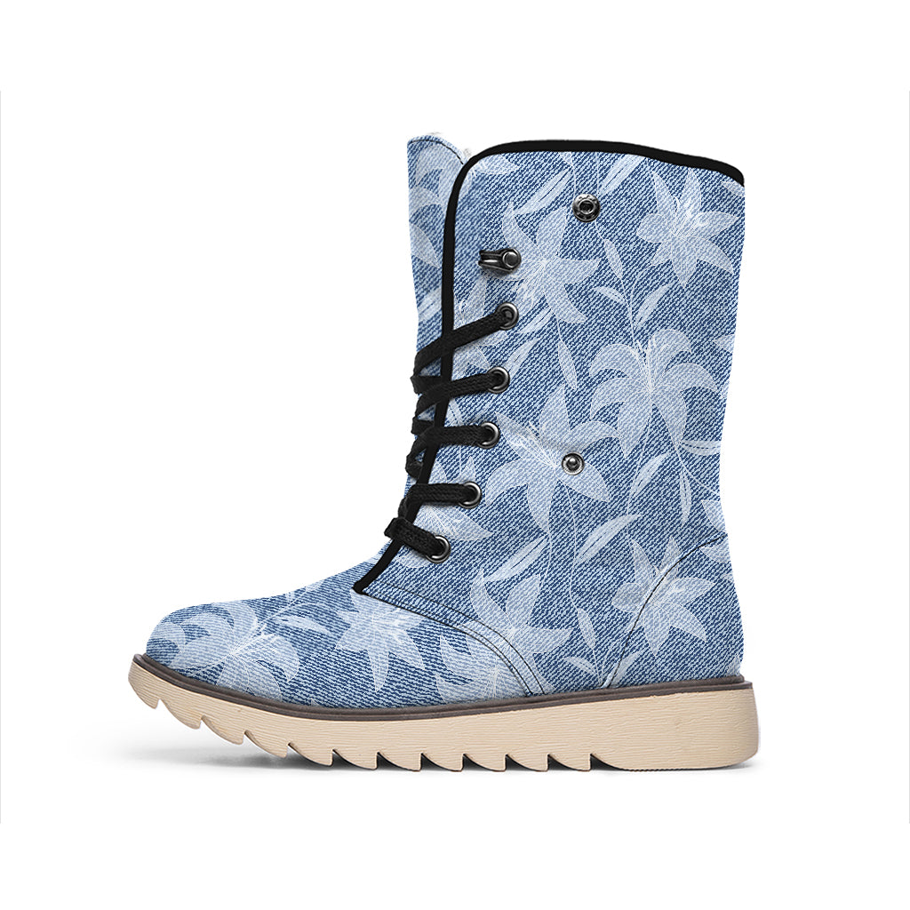 Floral Denim Jeans Pattern Print Winter Boots
