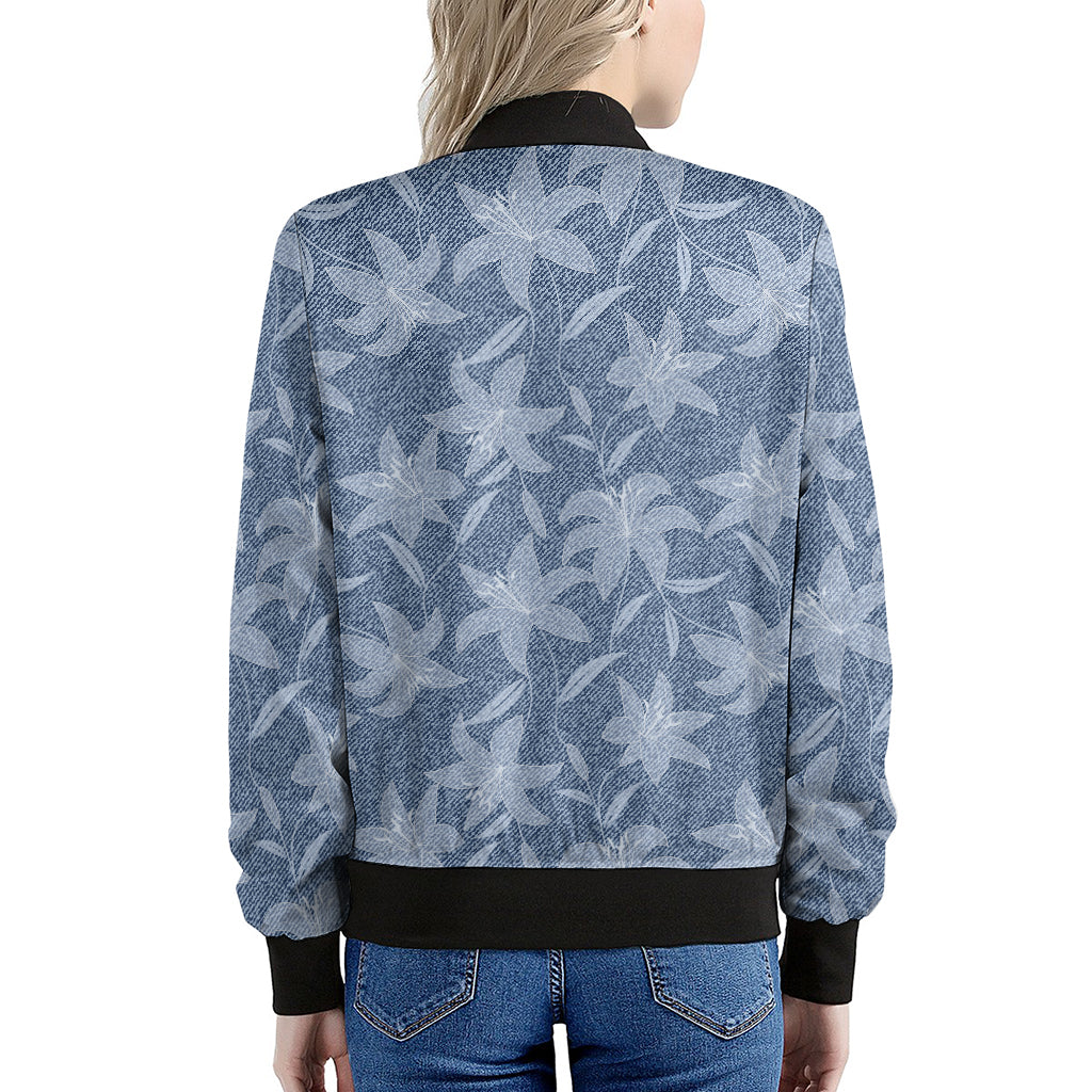 Floral Denim Jeans Pattern Print Women's Bomber Jacket