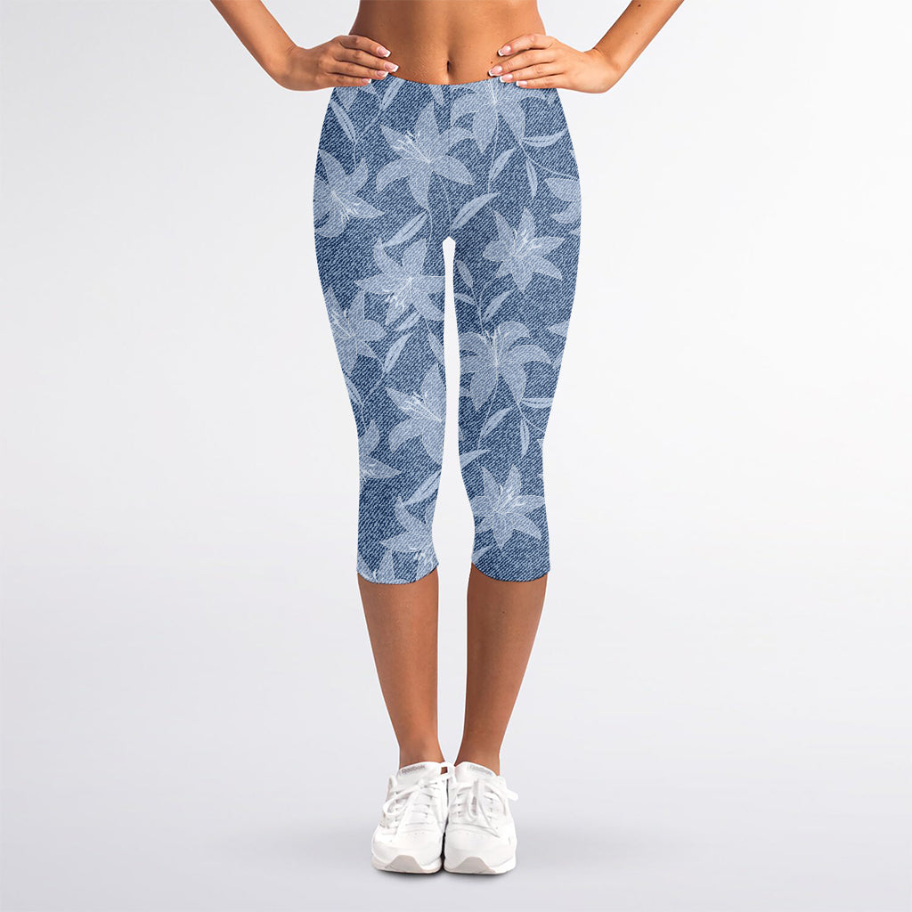 Floral Denim Jeans Pattern Print Women's Capri Leggings