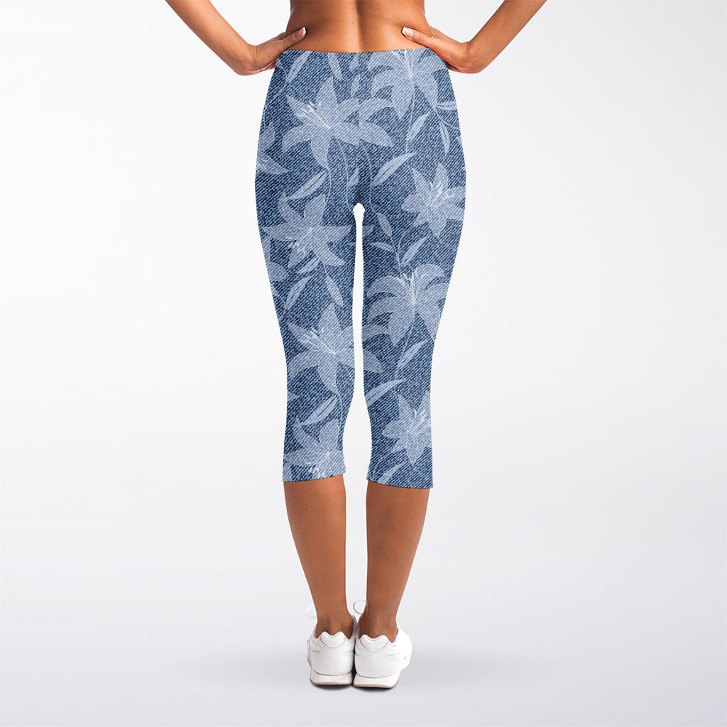 Floral Denim Jeans Pattern Print Women's Capri Leggings