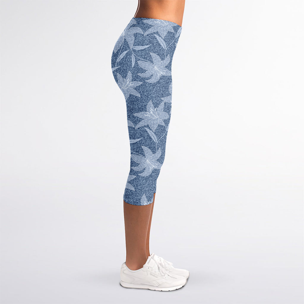 Floral Denim Jeans Pattern Print Women's Capri Leggings