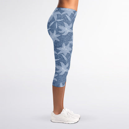 Floral Denim Jeans Pattern Print Women's Capri Leggings