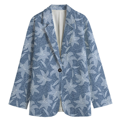 Floral Denim Jeans Pattern Print Women's Cotton Blazer